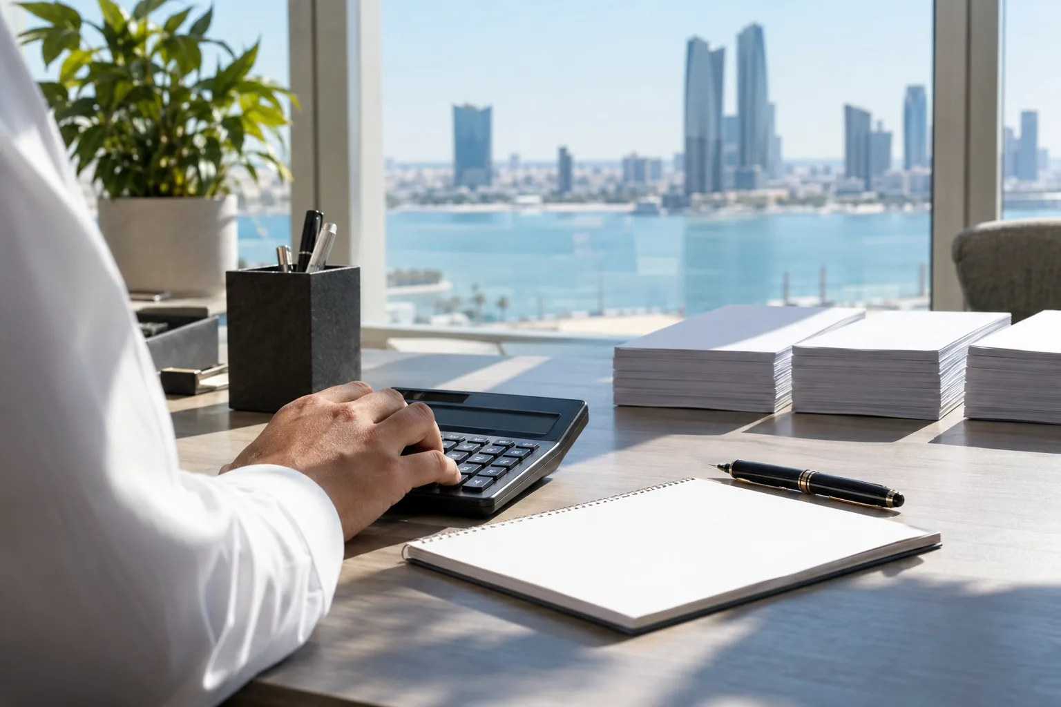 Hand resting on a calculator next to three stacks of blank paper and a pen on a desk