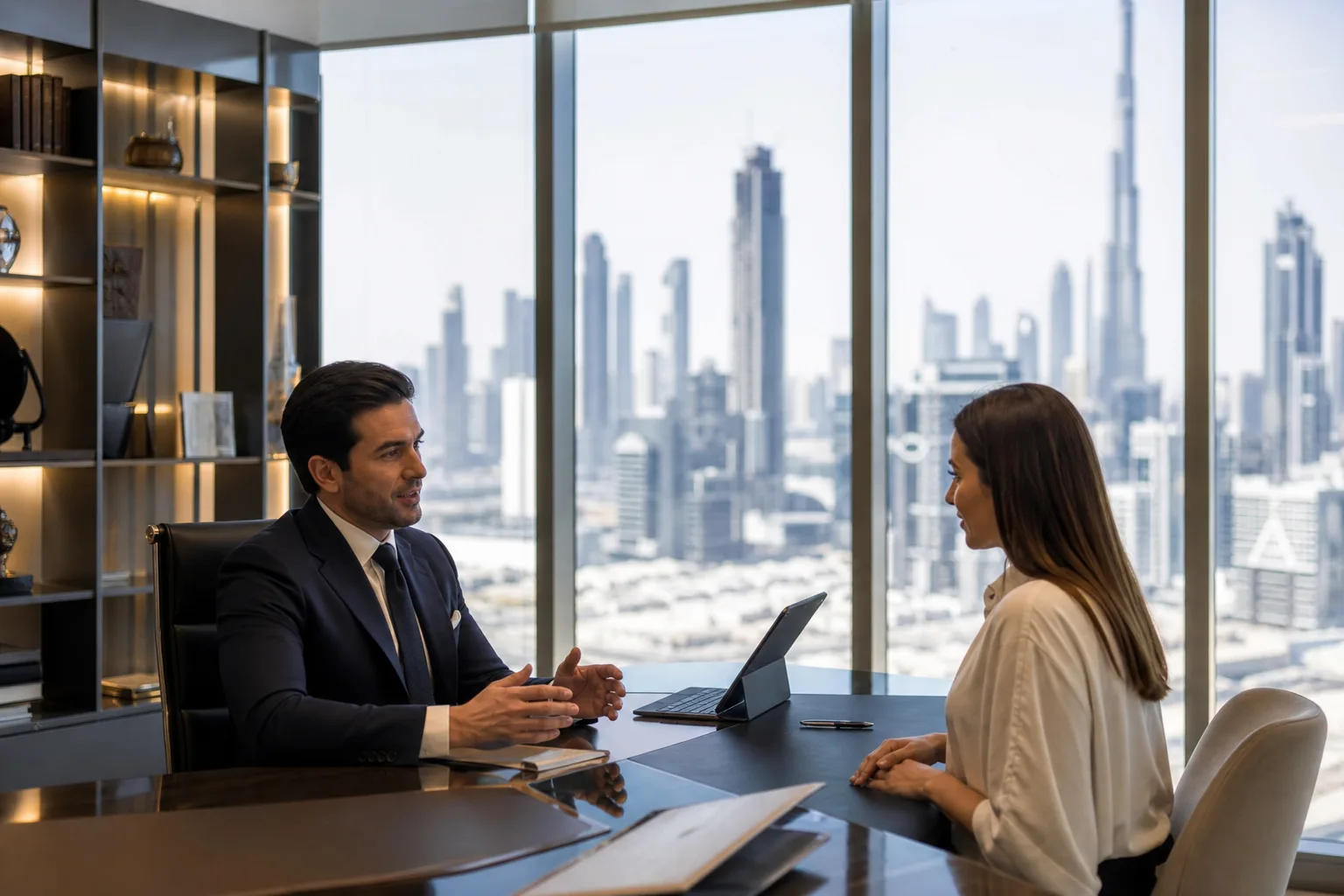 Bureau élégant d'agence immobilière à Dubaï avec conseiller et client en discussion