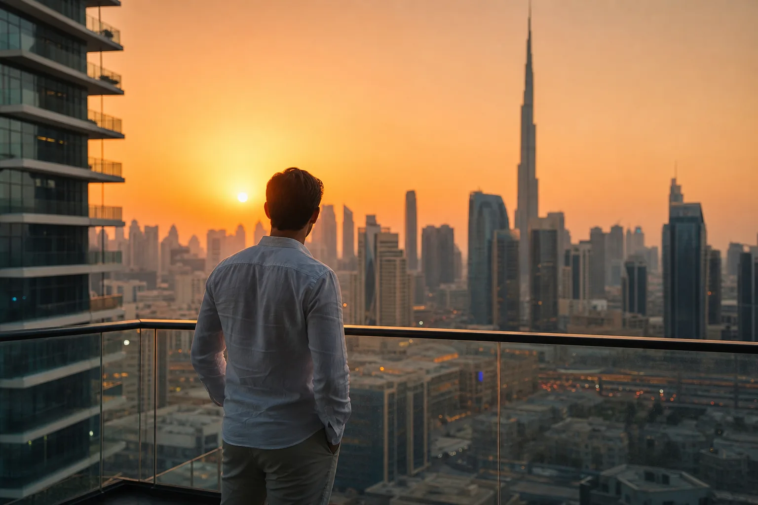 Investisseur pensif observant la skyline de Dubaï depuis un balcon en hauteur au coucher du soleil