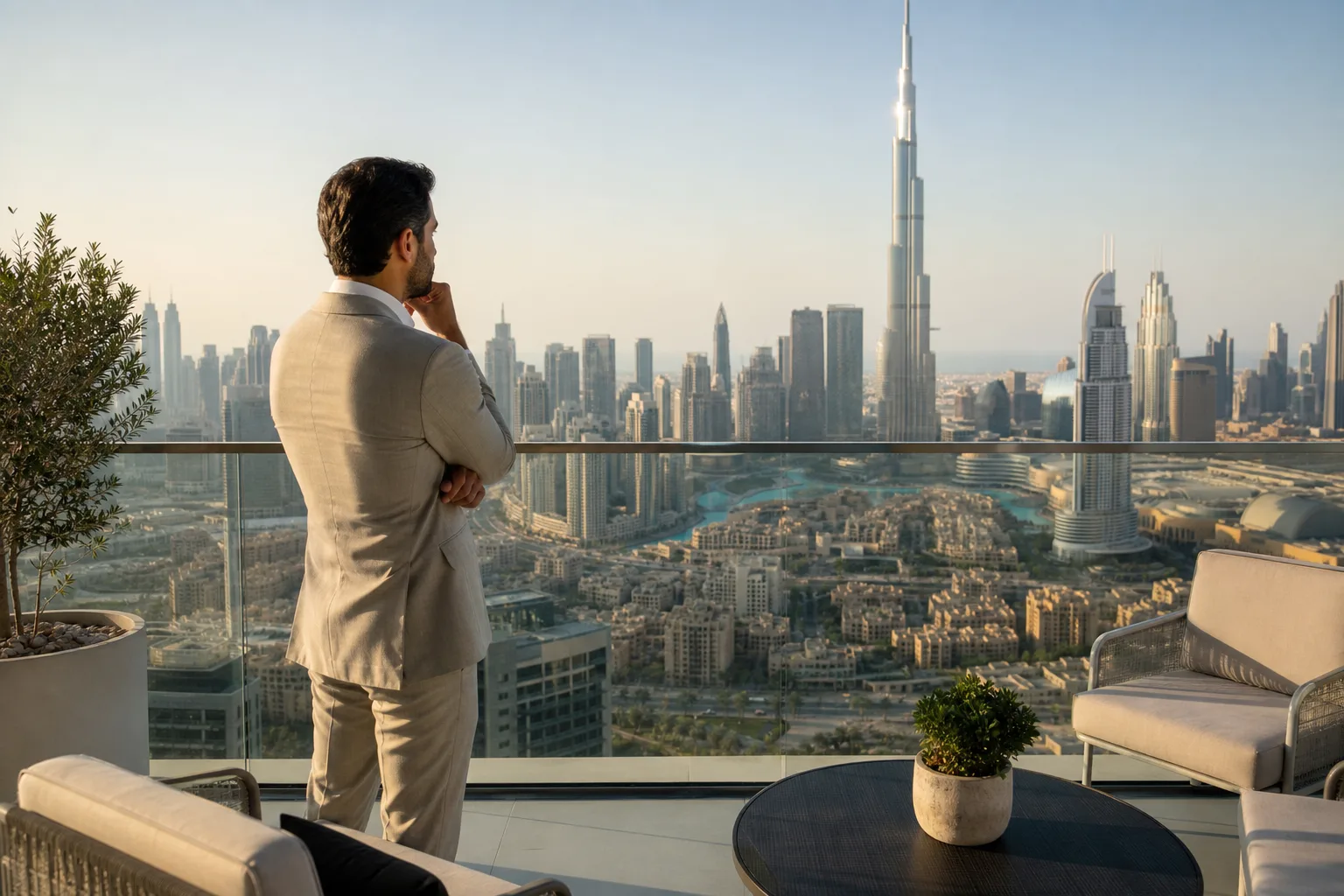 Investisseur pensif observant la skyline depuis la terrasse d'un penthouse à Downtown