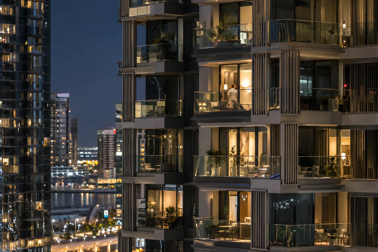 Stacked glass balconies on an Al Maryah Island residential tower, some lit at night
