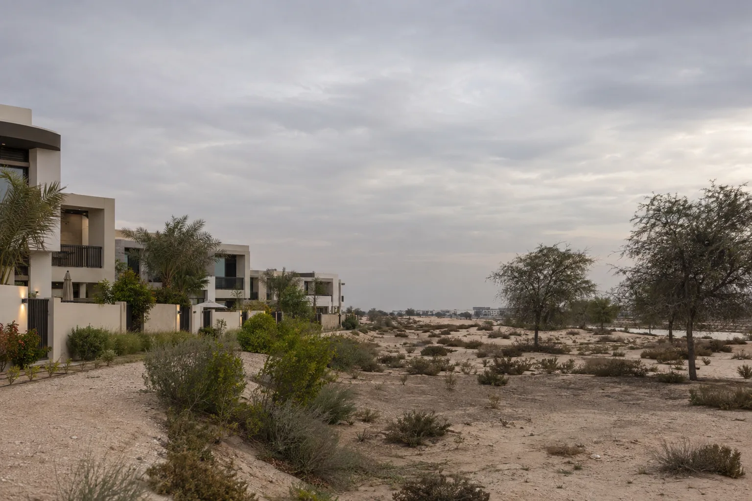 Edge of a housing development in Al Bahyah under an overcast sky: finished villas stop at the sand and ghaf trees