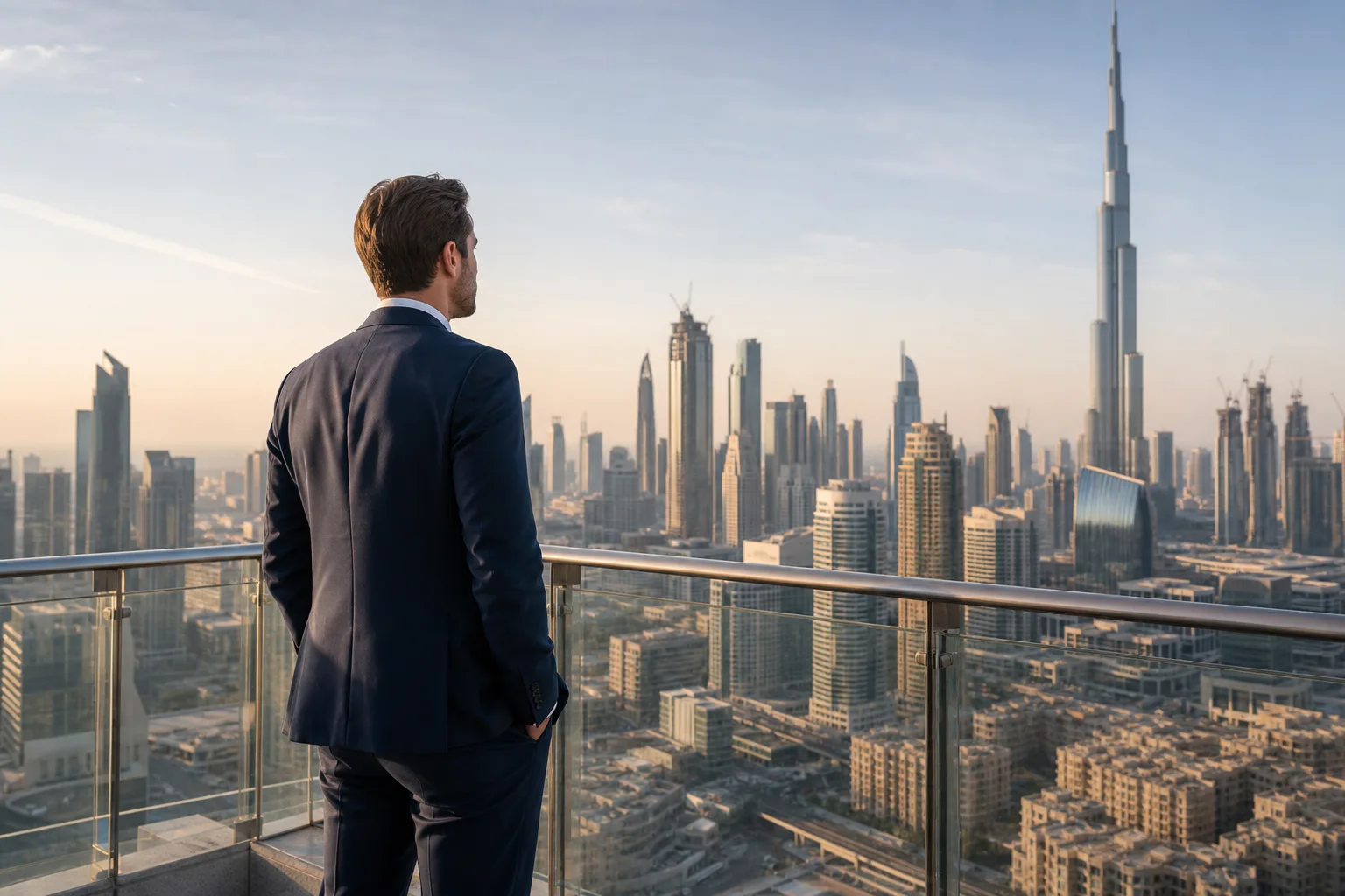 Inversor con atuendo elegante contemplando la ciudad desde la terraza panorámica de una torre en Dubái