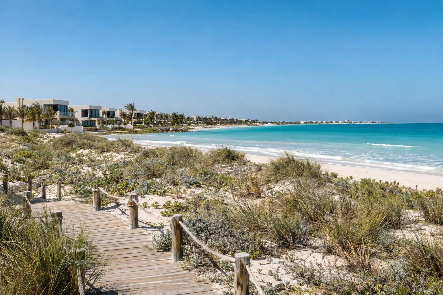 White beachfront villas on Saadiyat Island, seen from the natural dunes and coastal vegetation