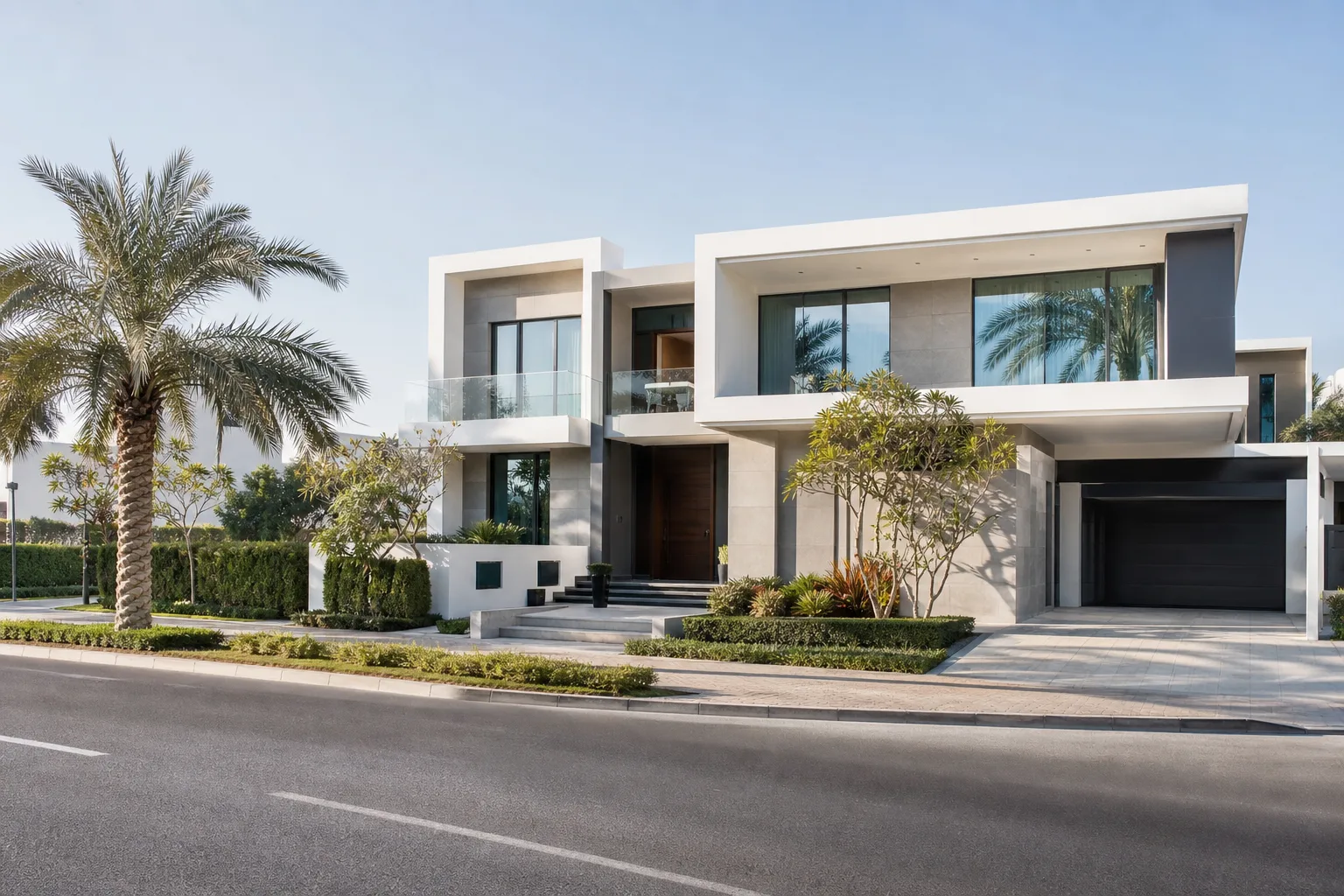 Fachada contemporánea de una villa de alto standing bordeada de palmeras en una tranquila calle residencial de Dubai Hills Estate