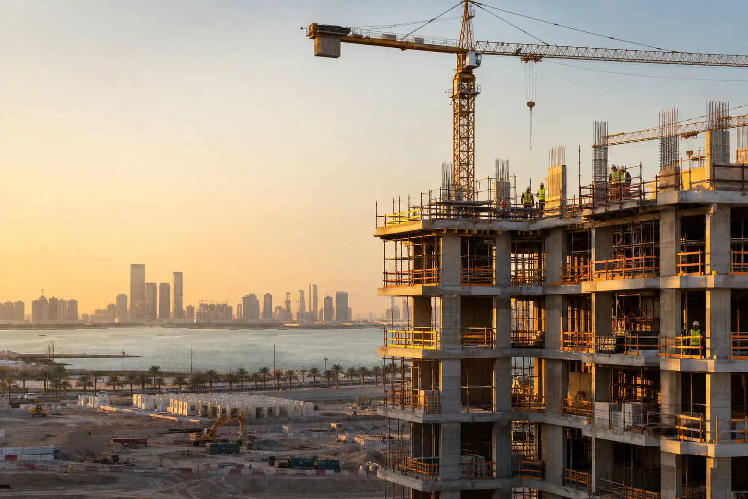 Residential building under construction on Yas Island, with its concrete frame, a crane and workers seen from a distance