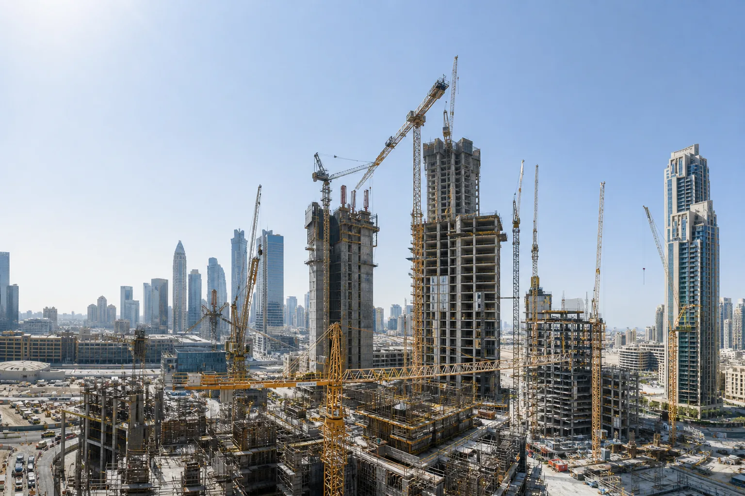 Large skyscraper construction site in Dubai with cranes and scaffolding under a clear sky, towers rising
