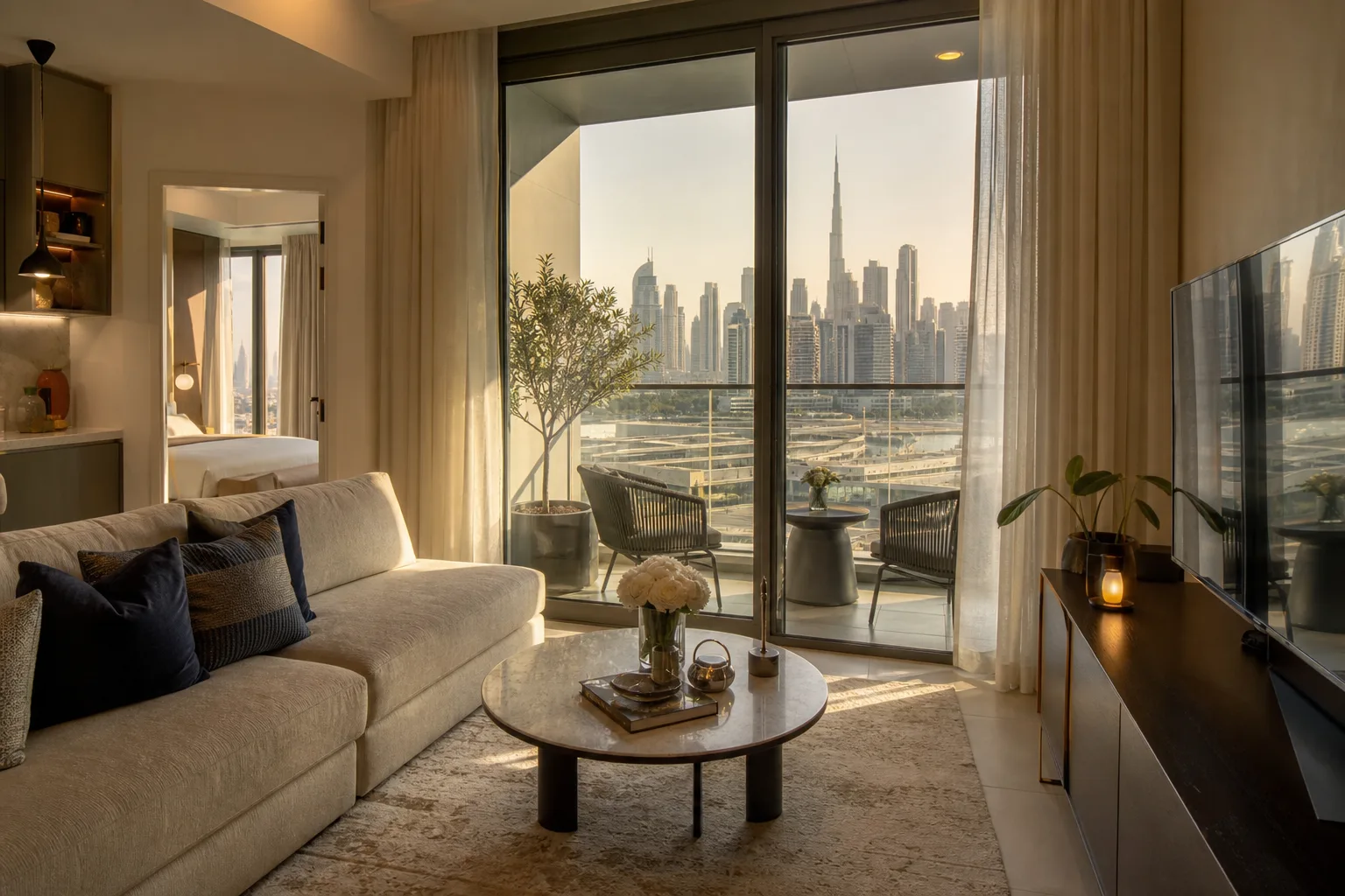 Salon d'un appartement une chambre à Dubaï avec canapé design et vue sur la ville depuis un balcon