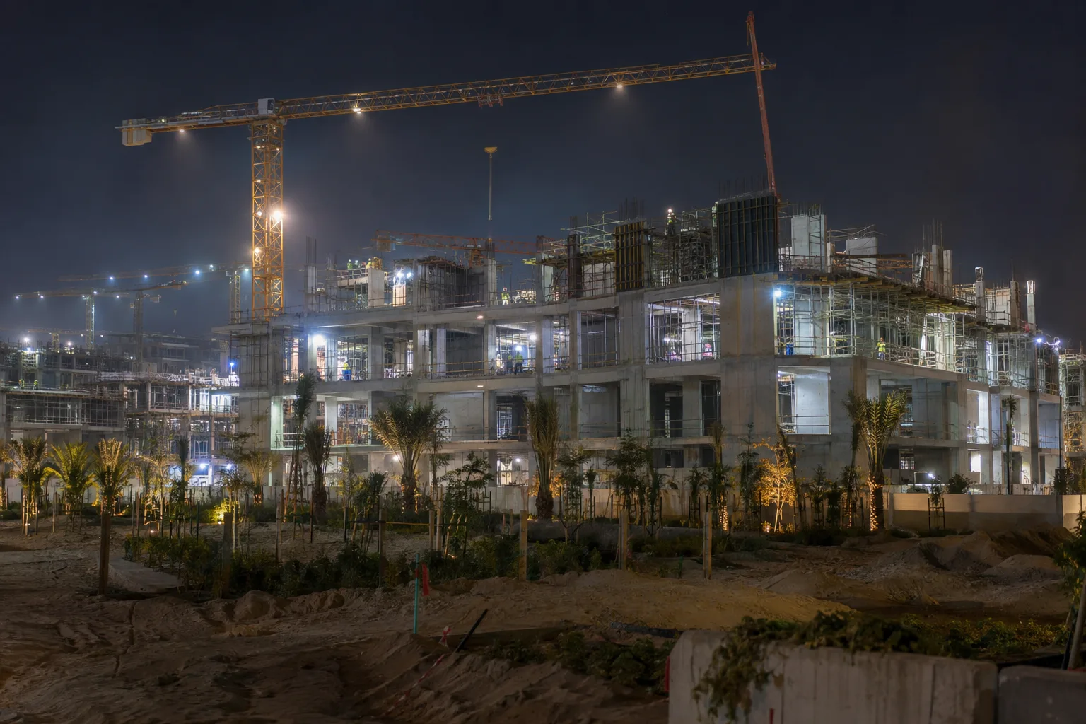 Residential construction site lit at night on Saadiyat Island, illuminated crane and silhouettes of workers