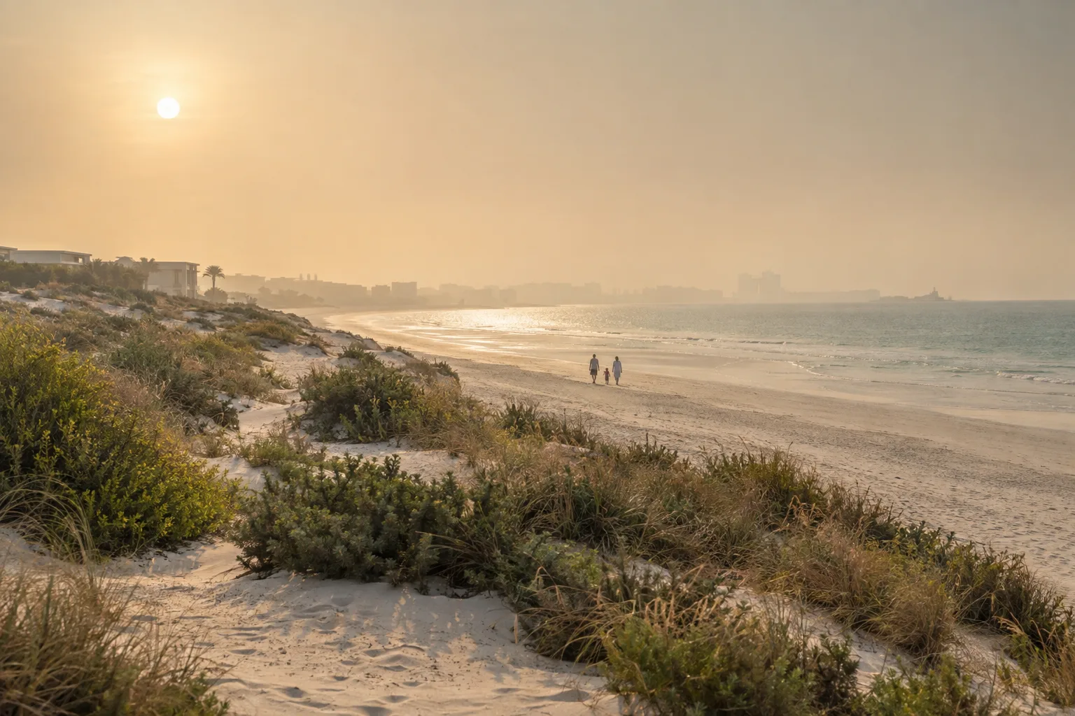 Dunes and coastal vegetation on Saadiyat, a family walking on the beach in the distance in hazy air
