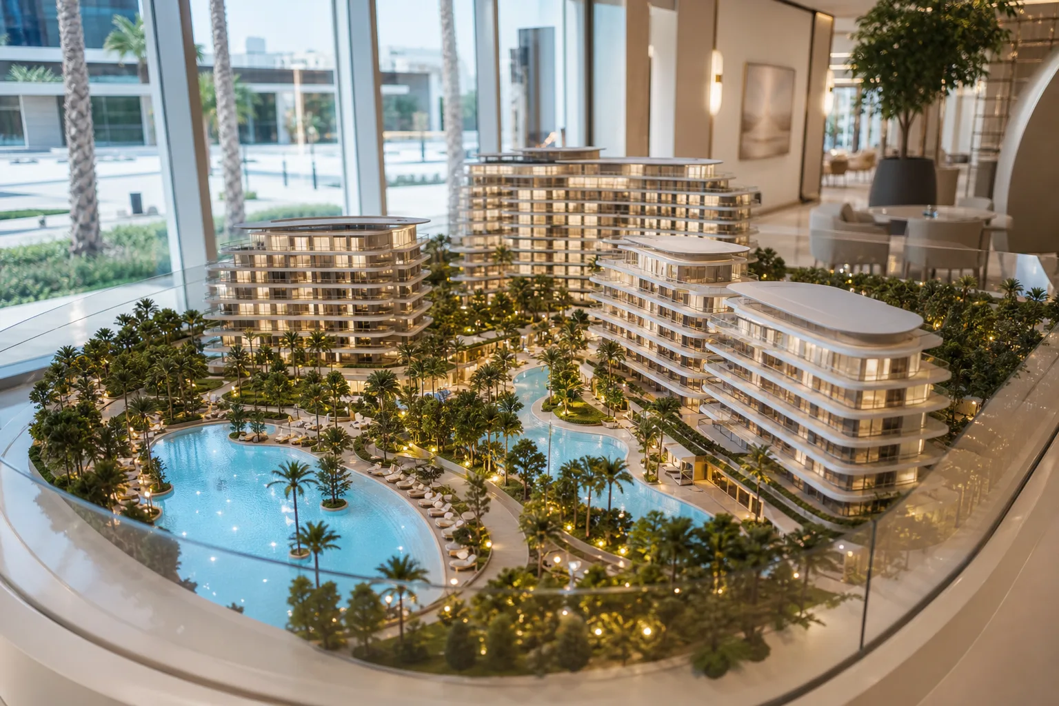 Detailed architectural scale model of a premium residential development displayed in a bright sales office in Dubai