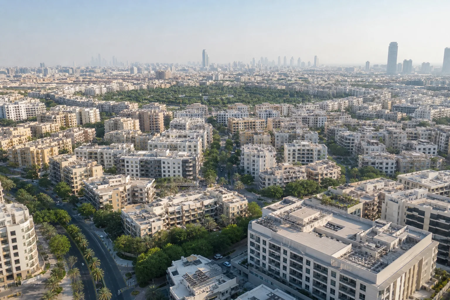 Vue aérienne du quartier Jumeirah Village Circle avec ses immeubles résidentiels et rues arborées