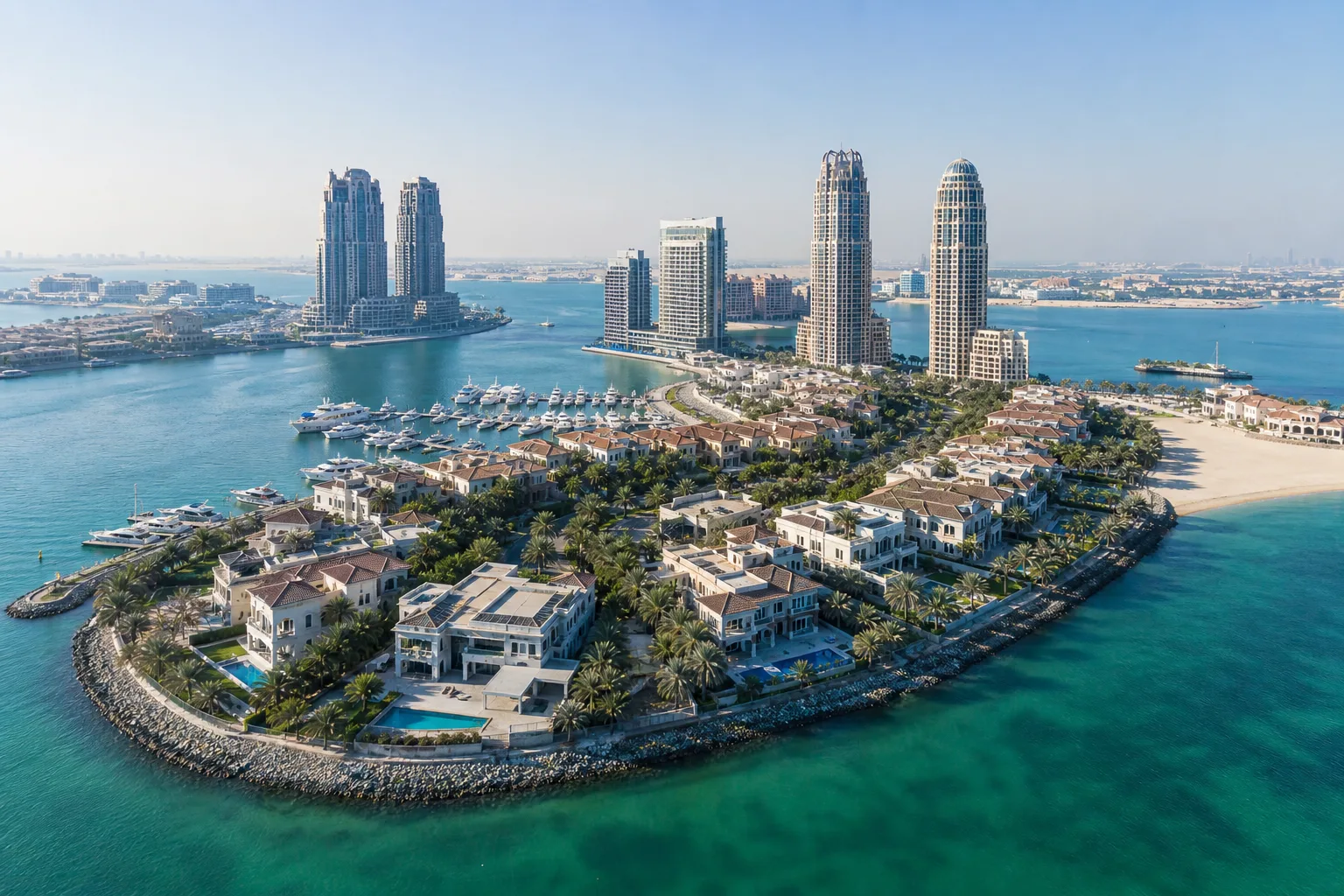 Aerial view of a coastal residential district in Dubai with villas, a marina and seafront towers