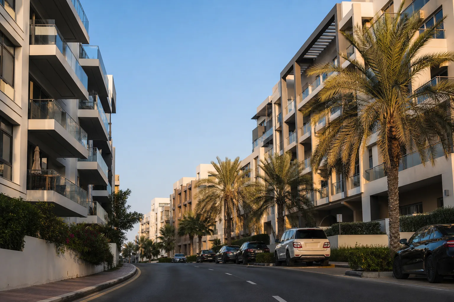 Rue résidentielle de Jumeirah Village Circle avec immeubles bas et palmiers en fin d'après-midi