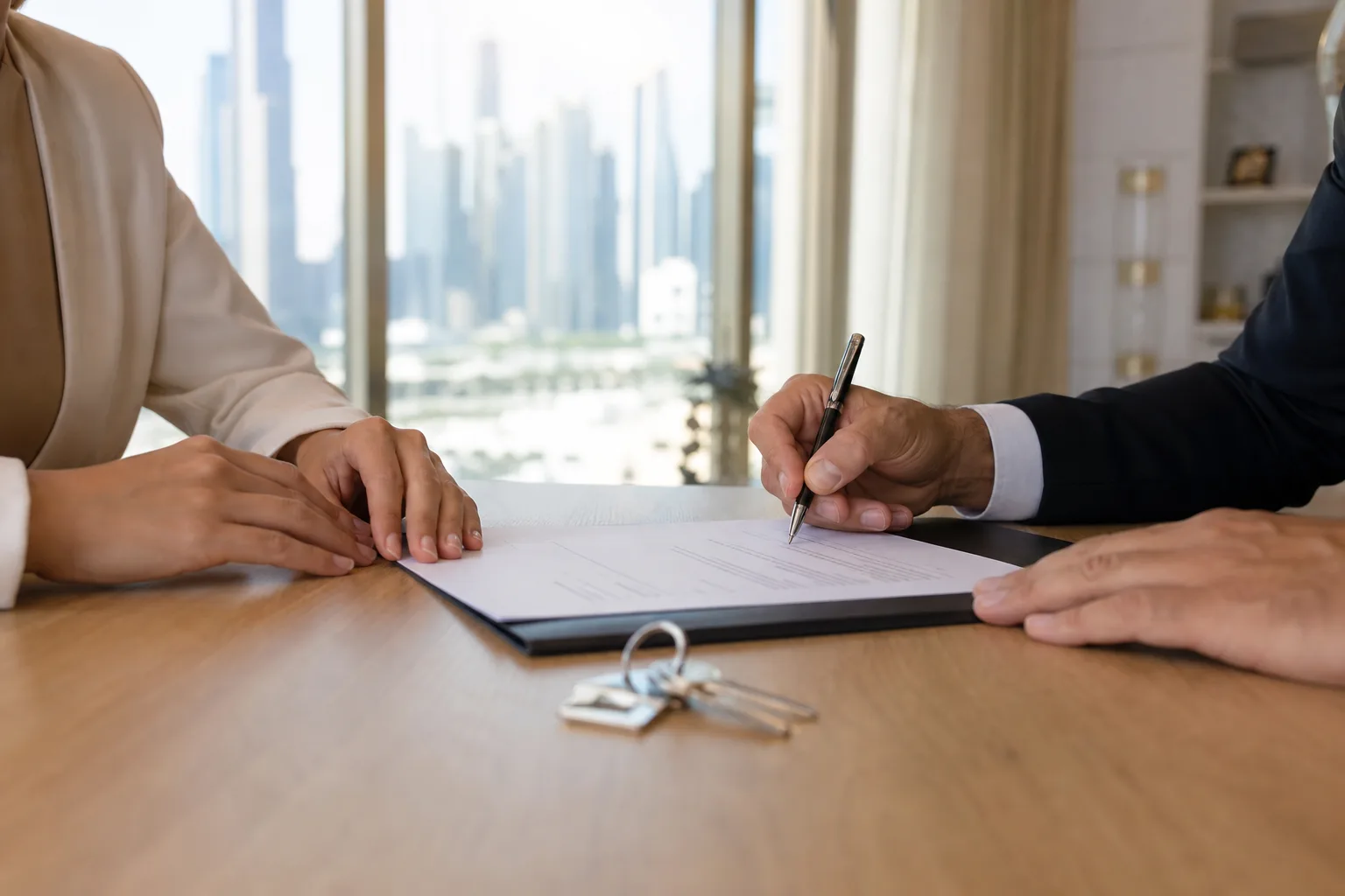 Hands signing documents during a key handover in a bright Dubai real estate office