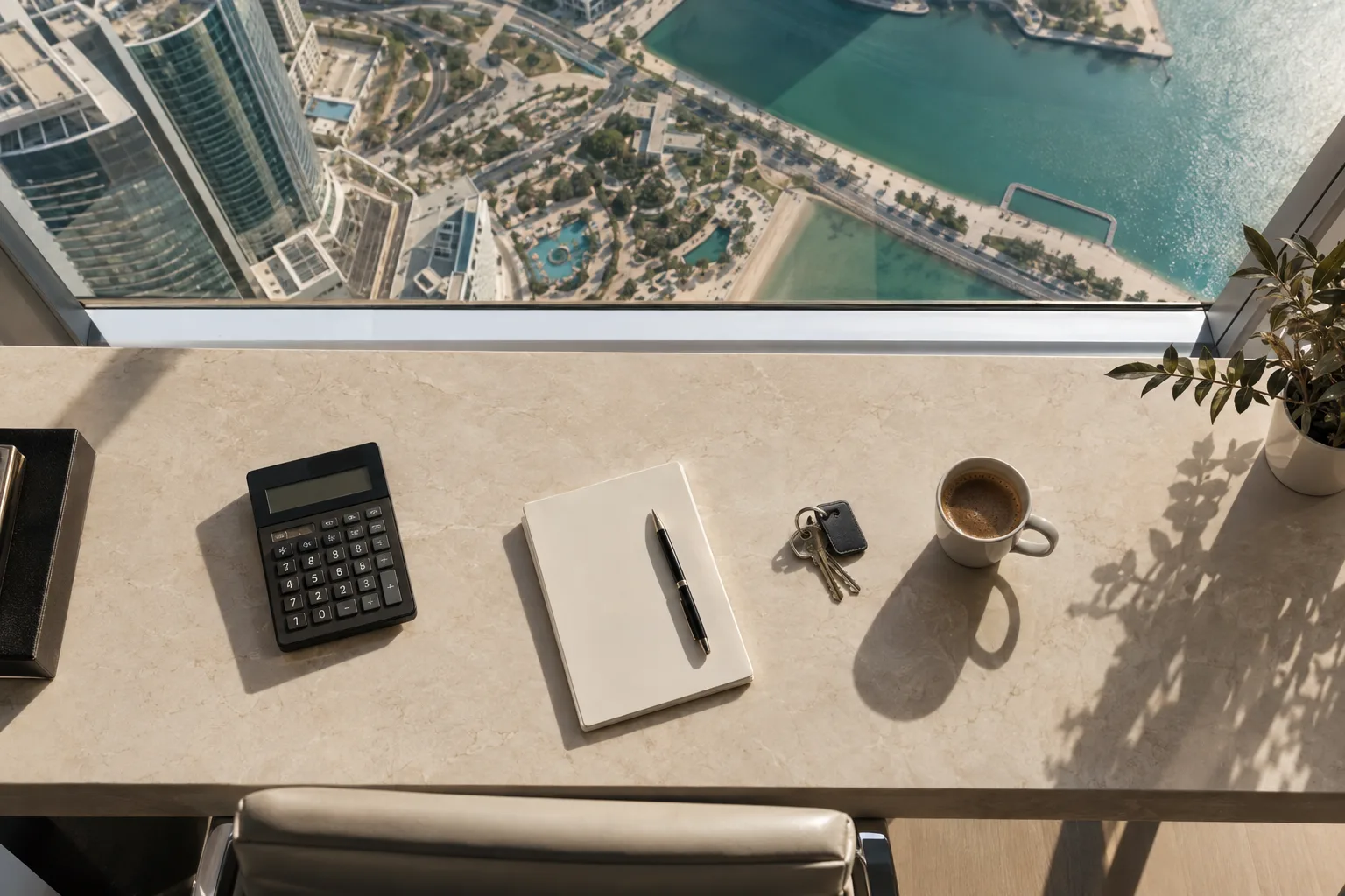 Overhead view of a stone desk with a calculator, blank notebook, keys and coffee in afternoon light