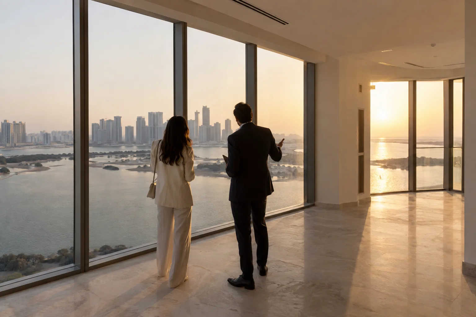Buyer and adviser seen from behind viewing an empty new apartment overlooking a waterway