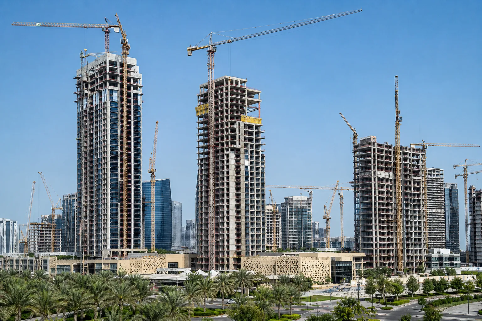 Chantier de tours résidentielles en construction avec grues dans un quartier neuf de Dubaï