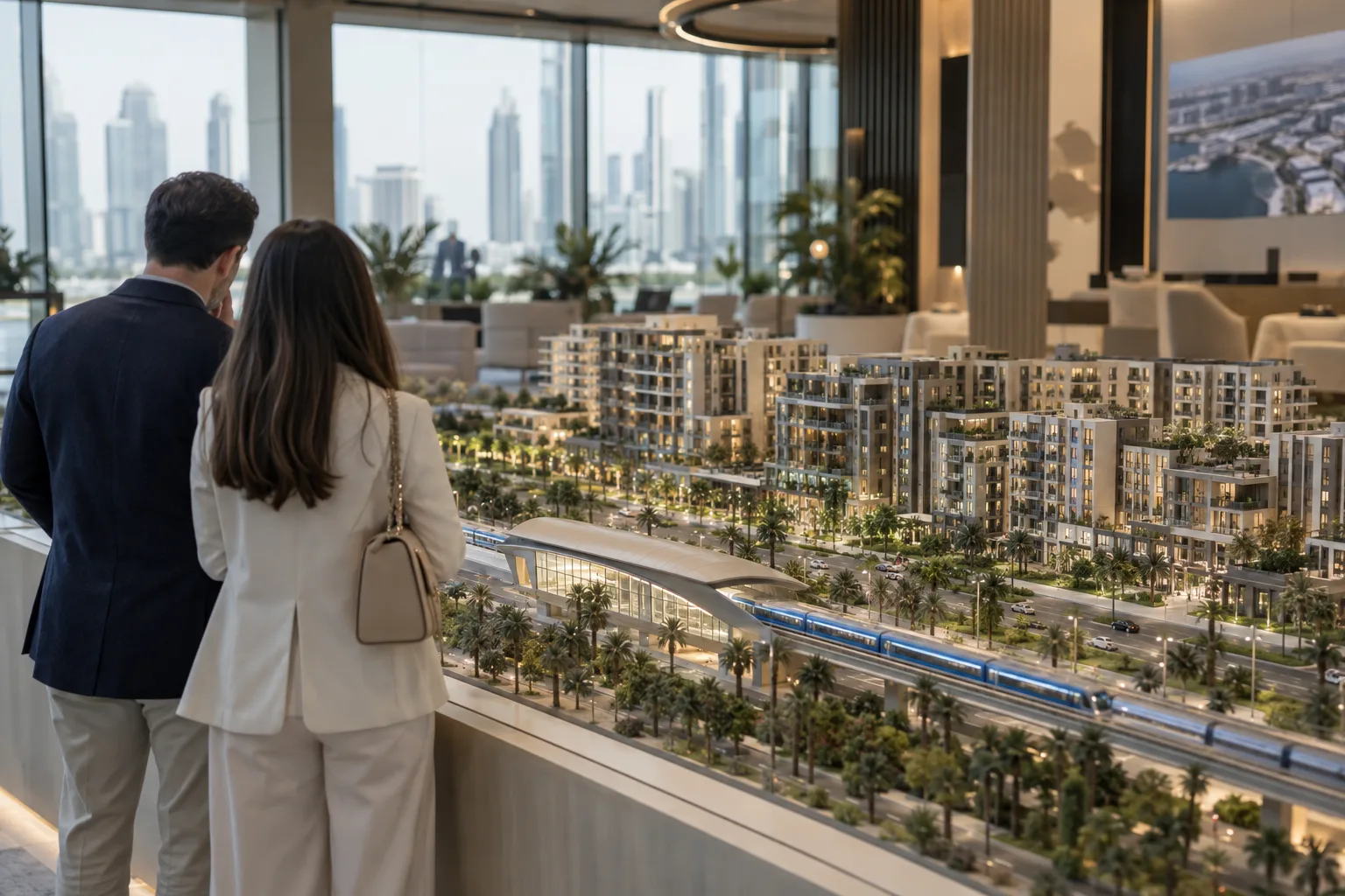 Two buyers seen from behind, looking at a model of a residence and metro station in a Dubai sales gallery