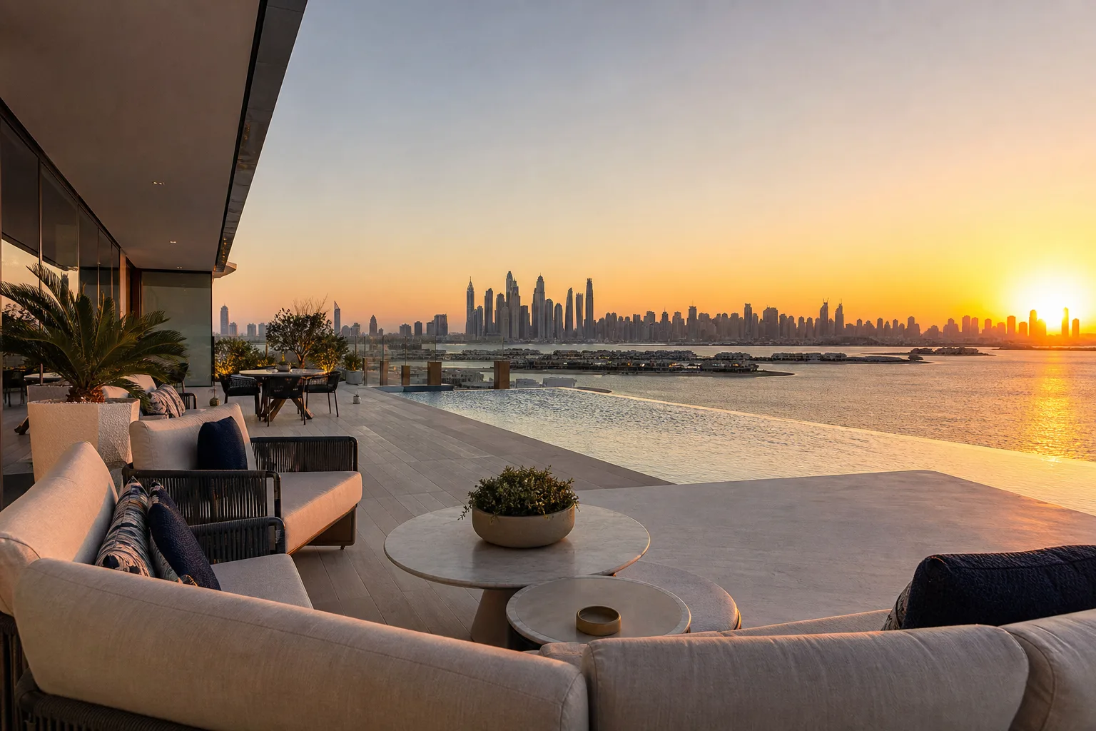 Terraza de un apartamento premium de Palm Jumeirah con piscina infinita frente al skyline