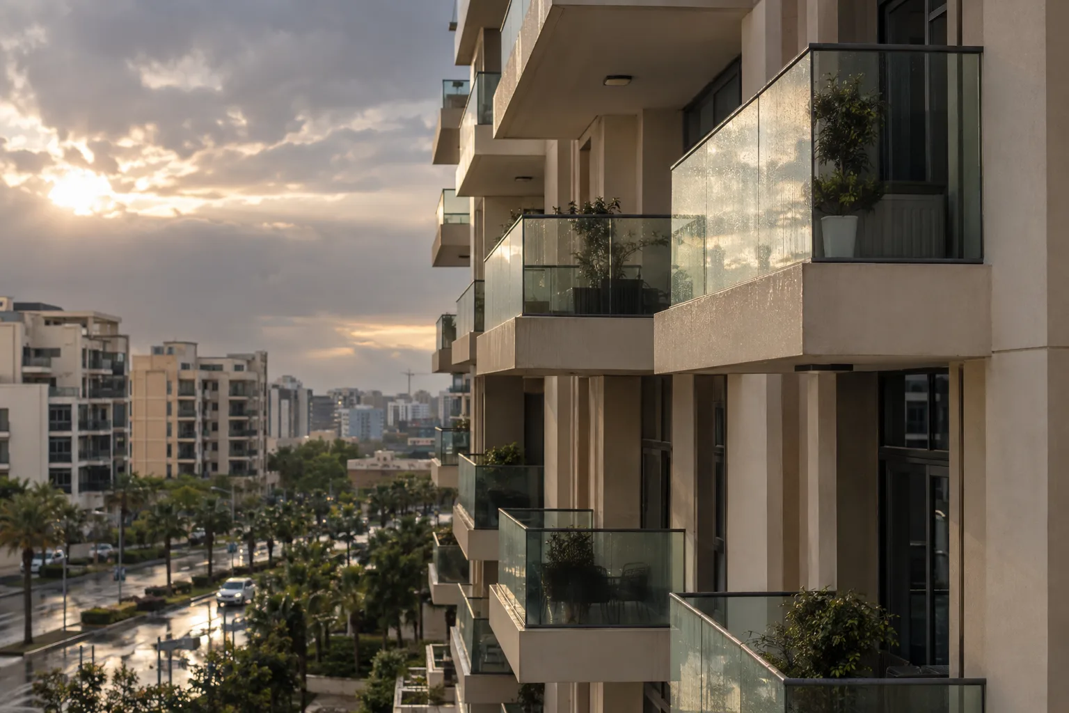 Detail of stacked balconies on a recent apartment building in Arjan after the rain