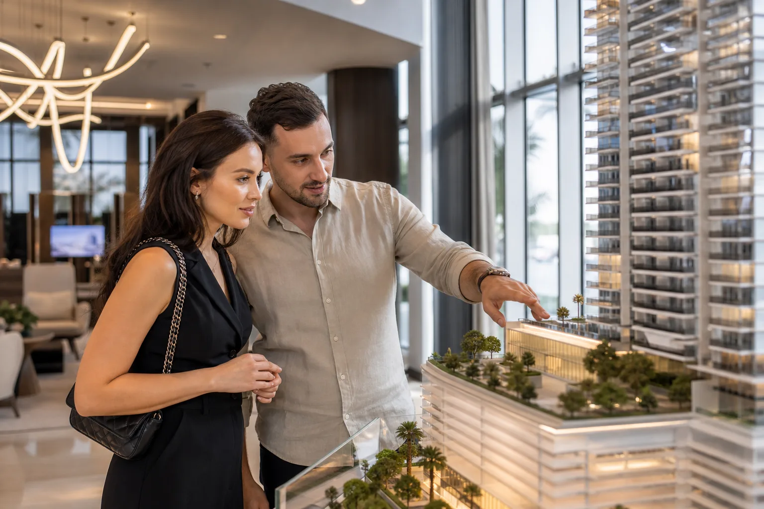Couple examinant une maquette de tour résidentielle dans un showroom lumineux d'un promoteur