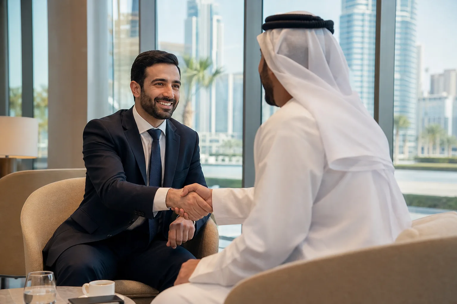 Handshake between an investor and a banker in front of Dubai's business towers