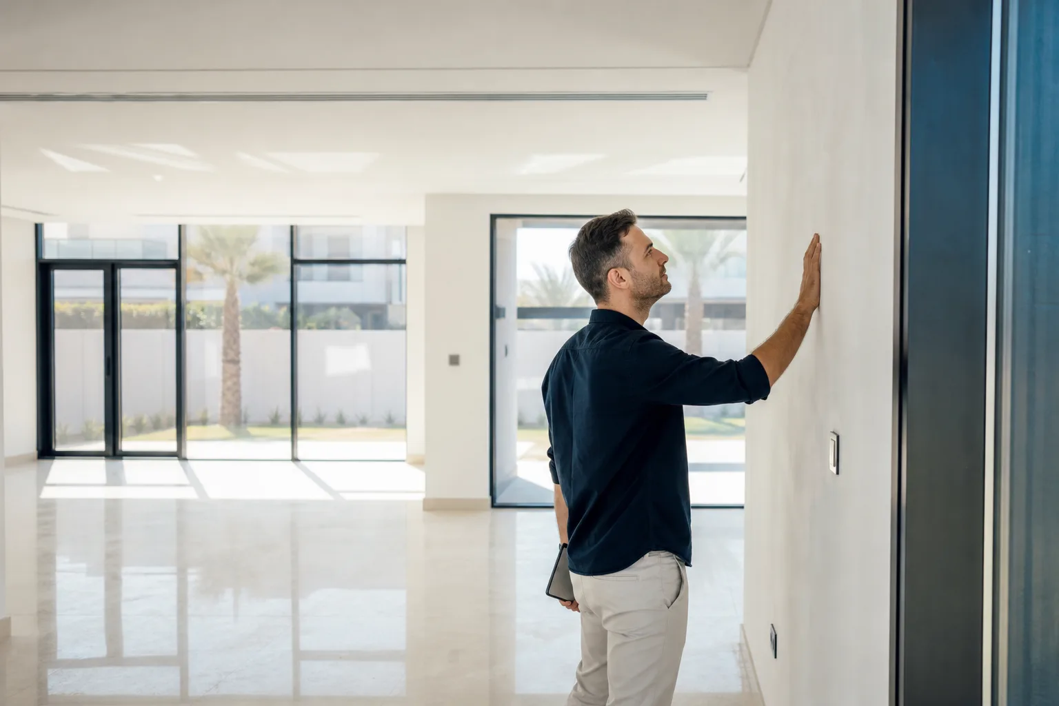 Person carefully inspecting the finishes of a new villa before handover in Dubai