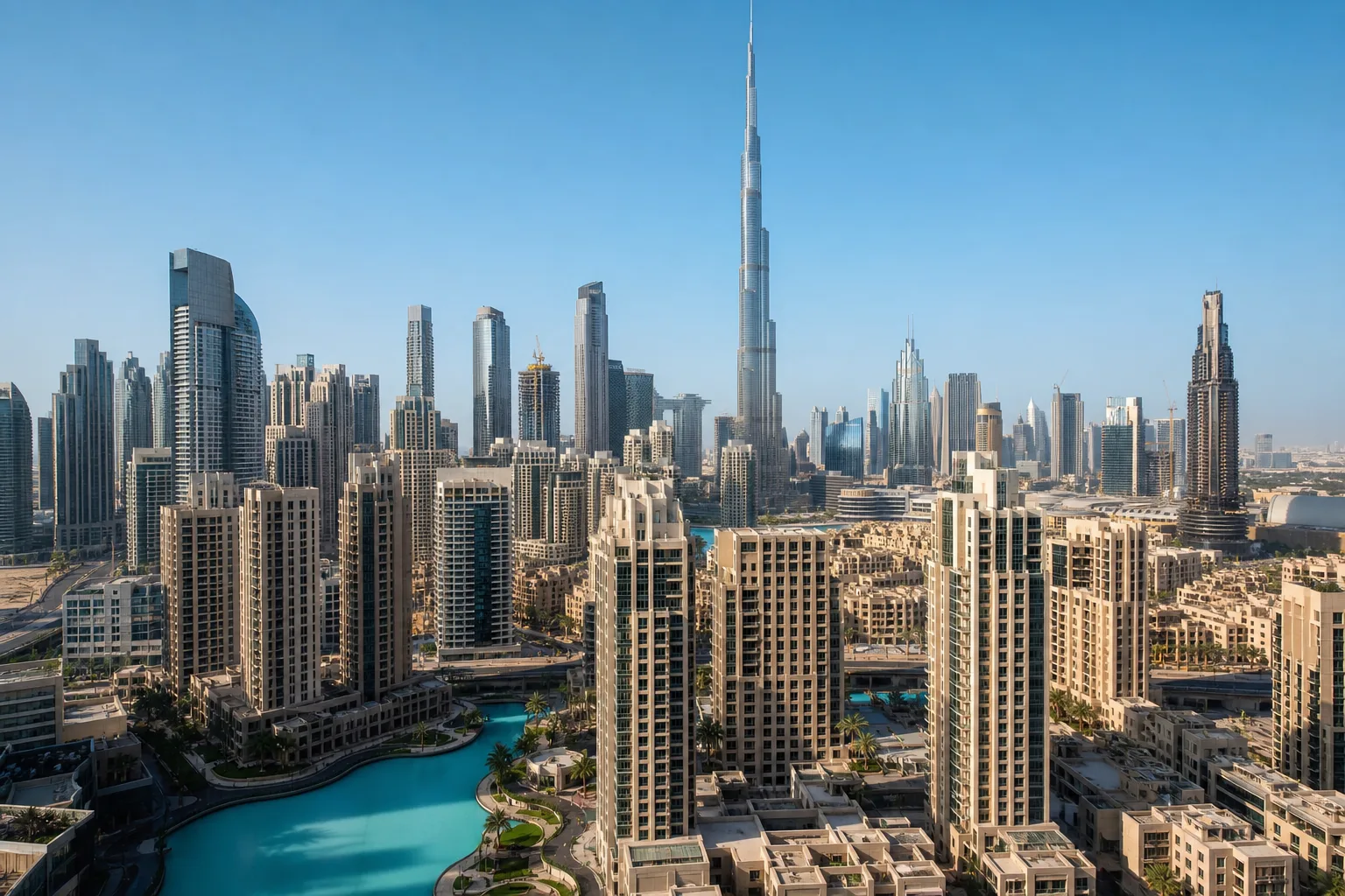Vue aérienne du quartier de Downtown Dubai avec ses tours résidentielles autour de la Burj Khalifa