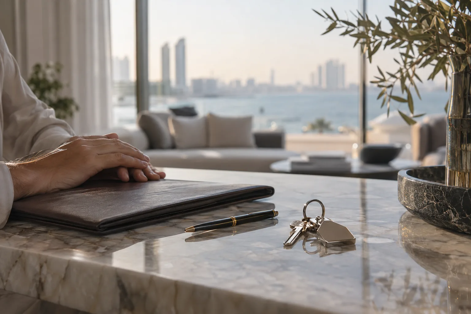 Hands resting on a closed file, a pen and new keys on a marble surface, soft morning light