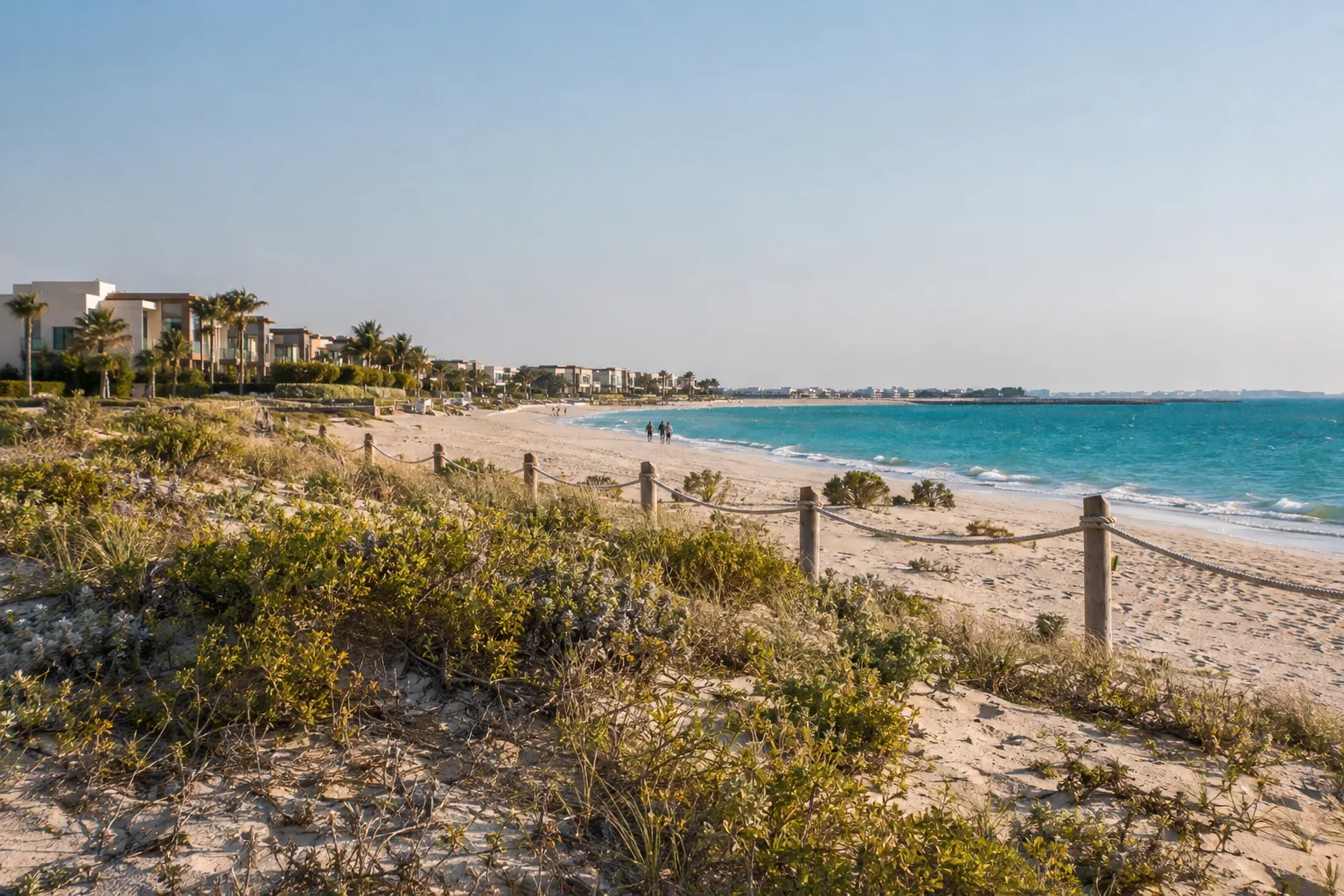 Dunes and low vegetation on Saadiyat beach, low-rise residences set back behind the dune line