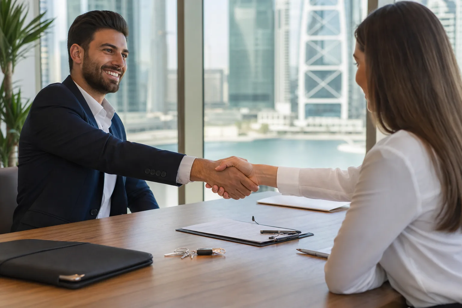 Dos personas estrechándose la mano en torno a una mesa durante la firma de un contrato de alquiler en una agencia inmobiliaria de Dubái