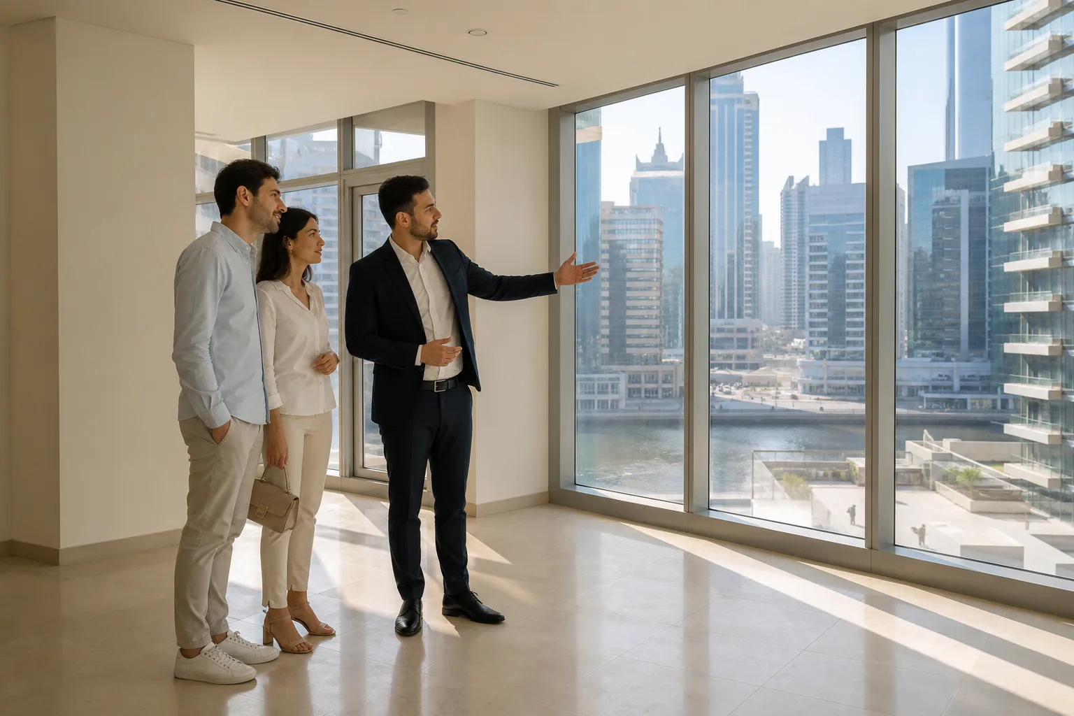 Asesor inmobiliario acompañando a un cliente durante la visita de un apartamento vacío y luminoso en una torre de Business Bay