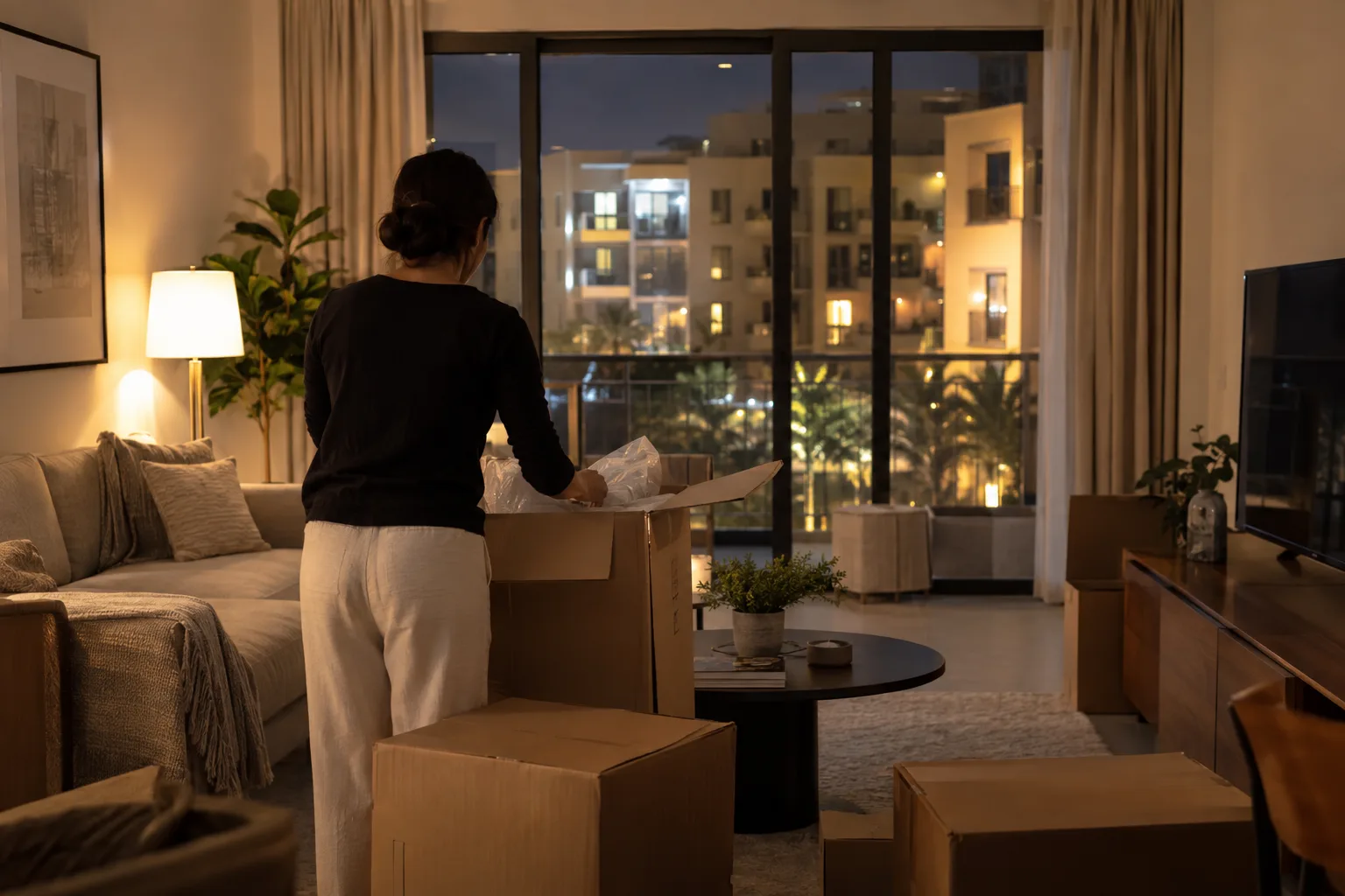 Tenant seen from behind unpacking boxes in the evening in a furnished living room lit by a lamp