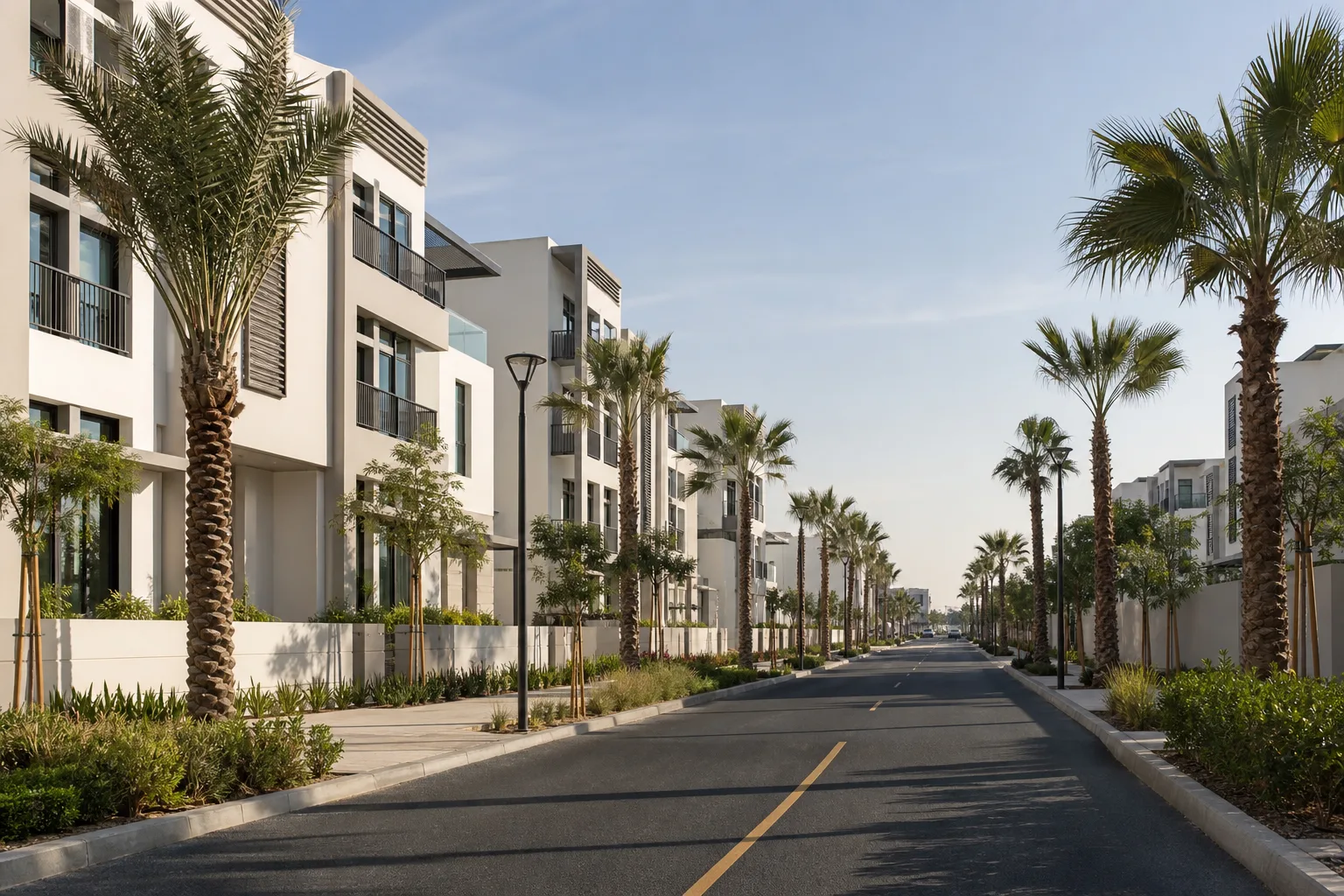 Calle residencial nueva en un barrio periférico de Dubái con edificios bajos modernos, palmeras plantadas y aceras recientes