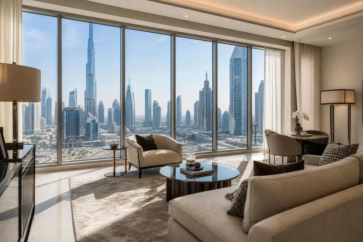 Salón luminoso de un apartamento de alta gama en Dubái con ventanales que se abren al skyline