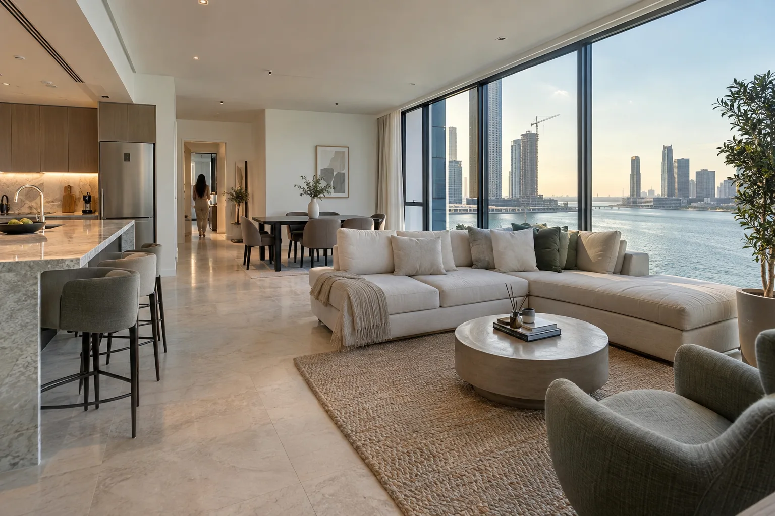 Furnished, completed apartment in Abu Dhabi with a construction crane visible in the distance through the window