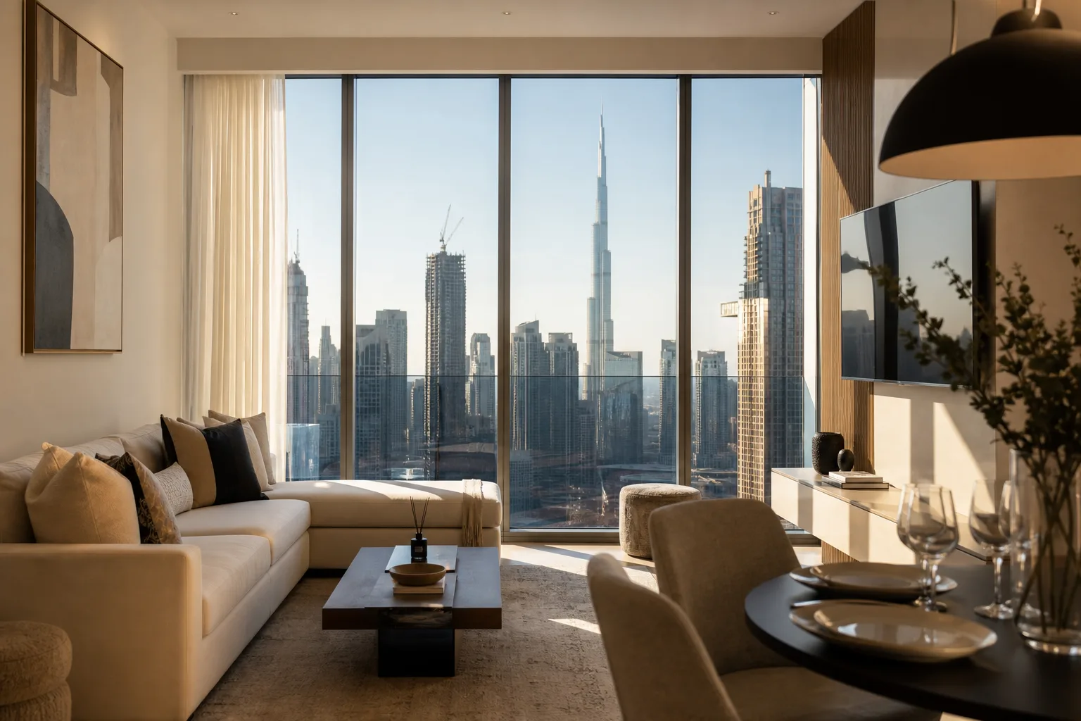 Furnished interior of a rental-ready apartment with a view over the Downtown Dubai skyline