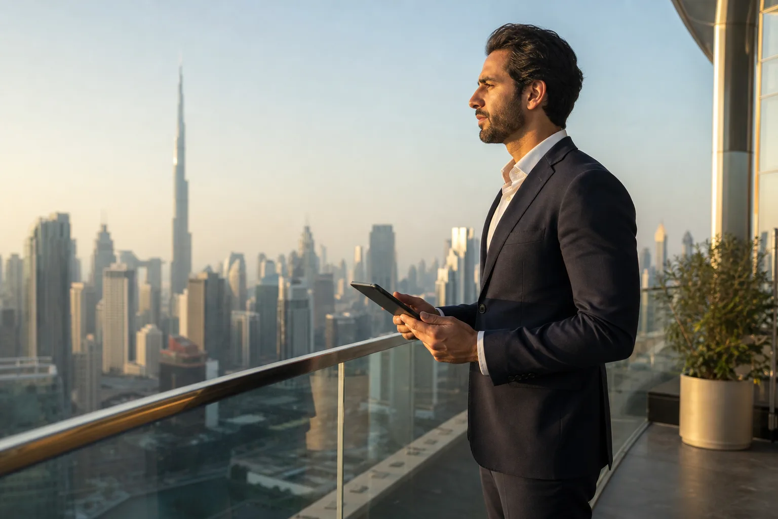 Inversor elegante contemplando la ciudad desde la terraza de una torre, tableta en mano al amanecer