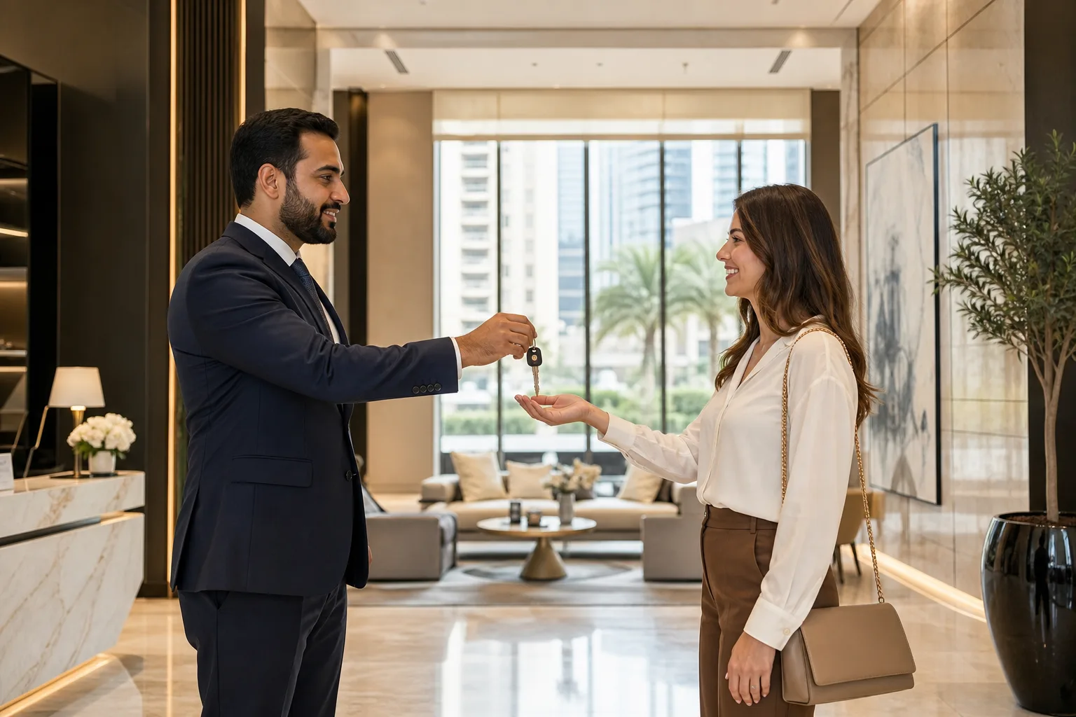 Property manager handing over the keys to a tenant in the elegant lobby of a Dubai residence