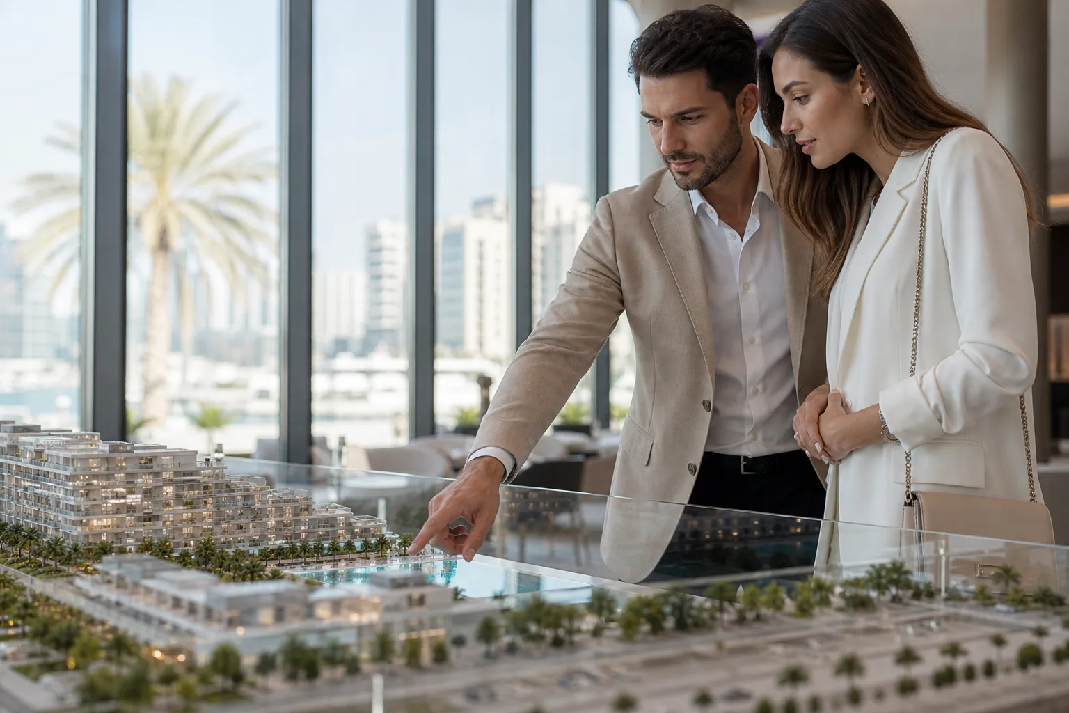 Elegant couple looking at a scale model of a residential development in a Dubai developer showroom
