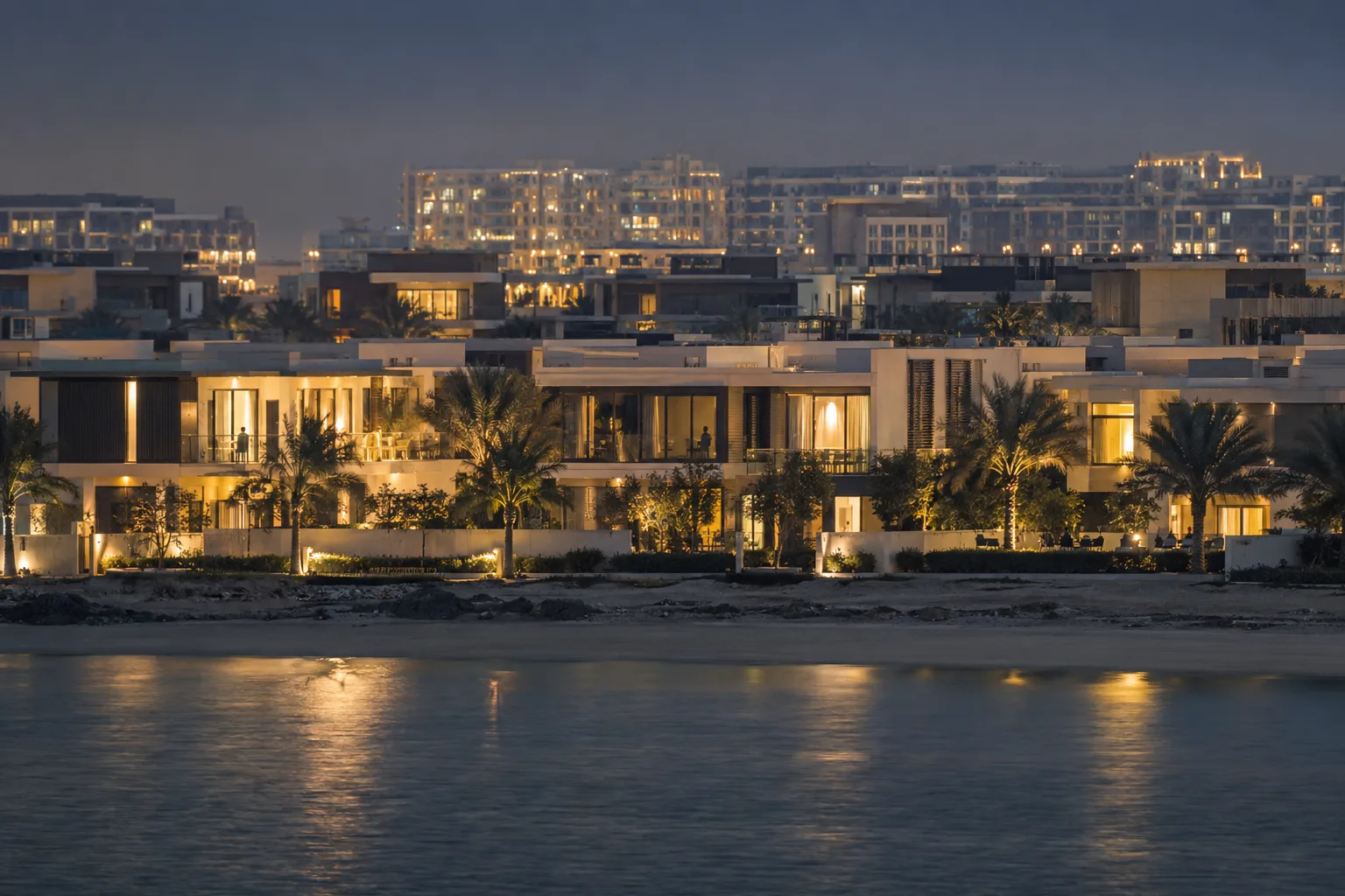 Row of contemporary villas lit at night on Saadiyat Island, behind palm trees