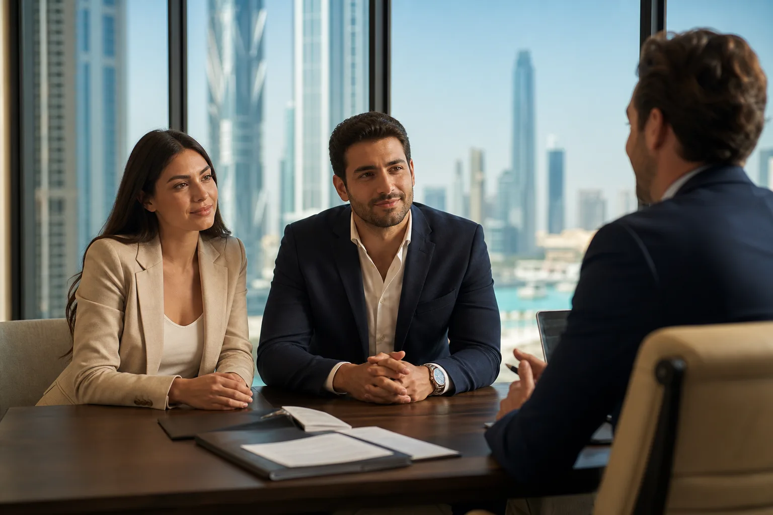 Couple élégant assis face à un conseiller dans un bureau lumineux avec vue sur les tours de Dubaï