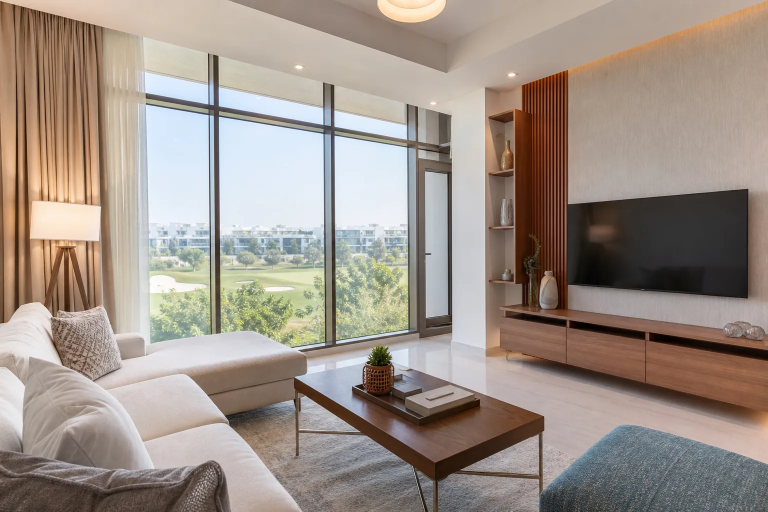 Bright living room of a furnished apartment overlooking the green spaces of a Dubai residence