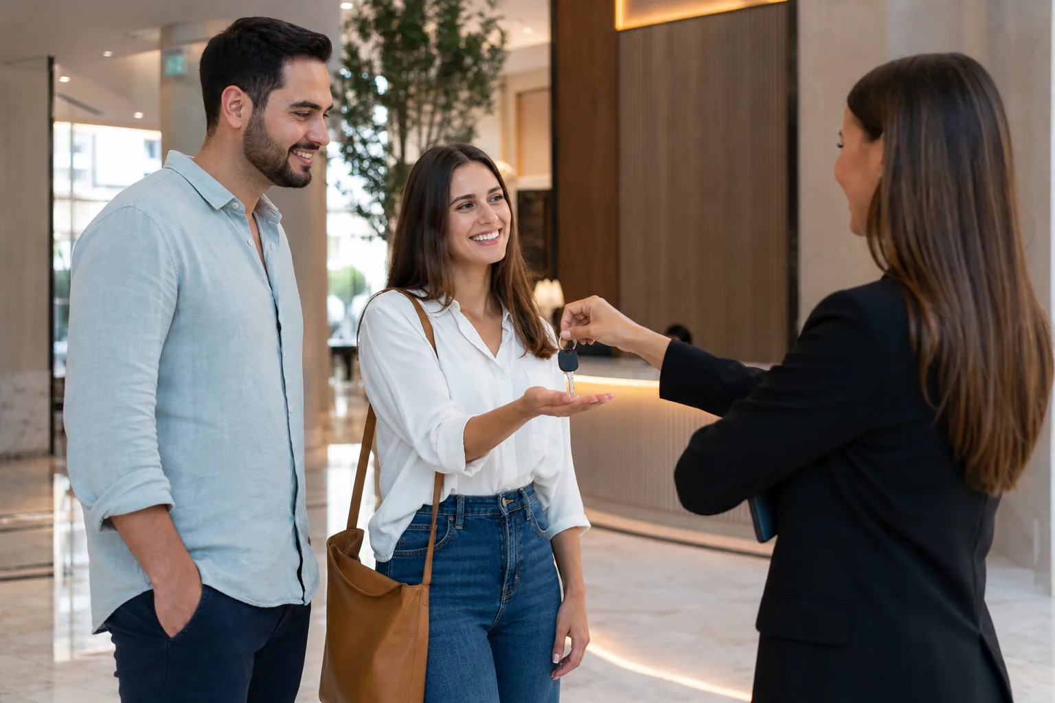 Entrega de llaves de un apartamento nuevo a un comprador en un vestíbulo residencial moderno de Dubái, ambiente cálido y profesional