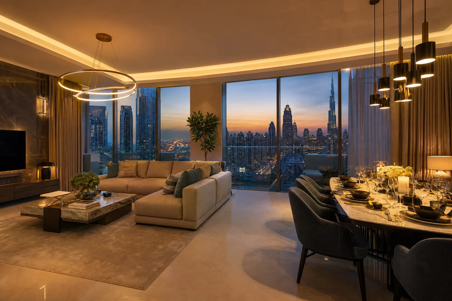 Interior de un apartamento nuevo amueblado con vista panorámica de los rascacielos de Dubái al atardecer