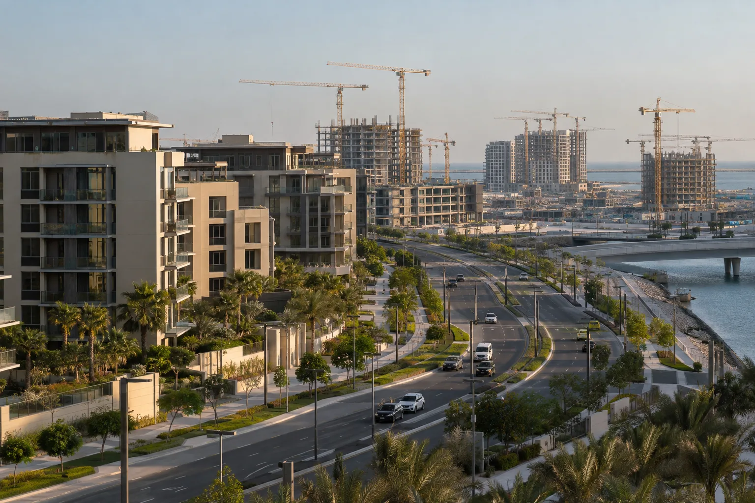 Completed residential buildings in the foreground and cranes over new construction sites behind on Saadiyat Island