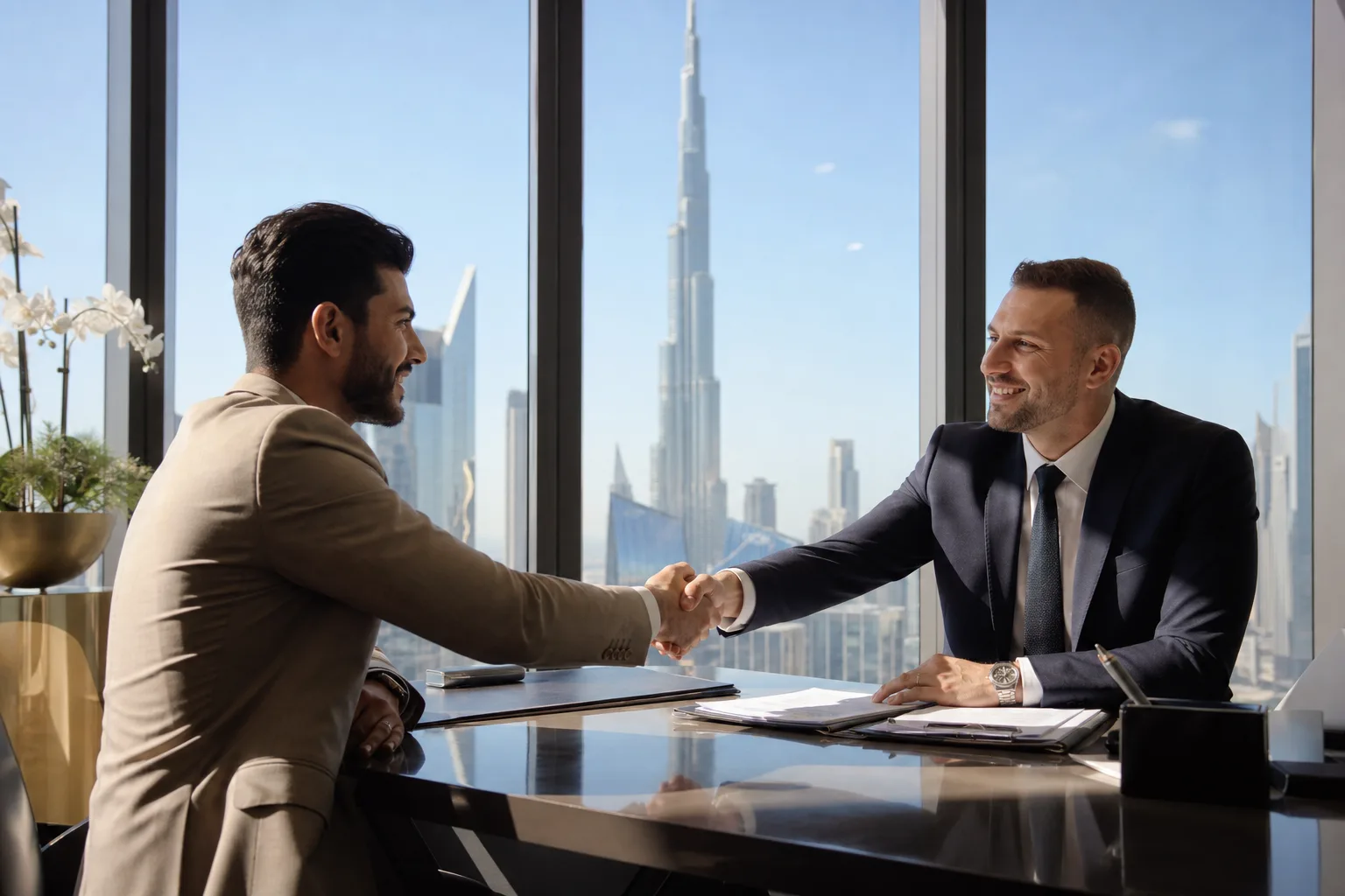 Apretón de manos entre un comprador y un asesor en una oficina luminosa con vistas al Burj Khalifa