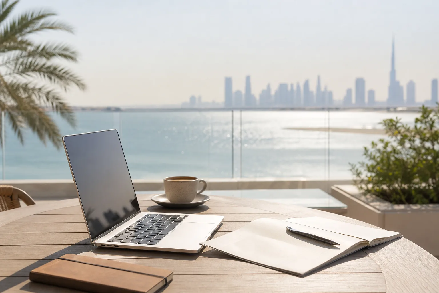 Elegant workspace with a laptop and coffee on a sunny terrace overlooking the sea in Dubai