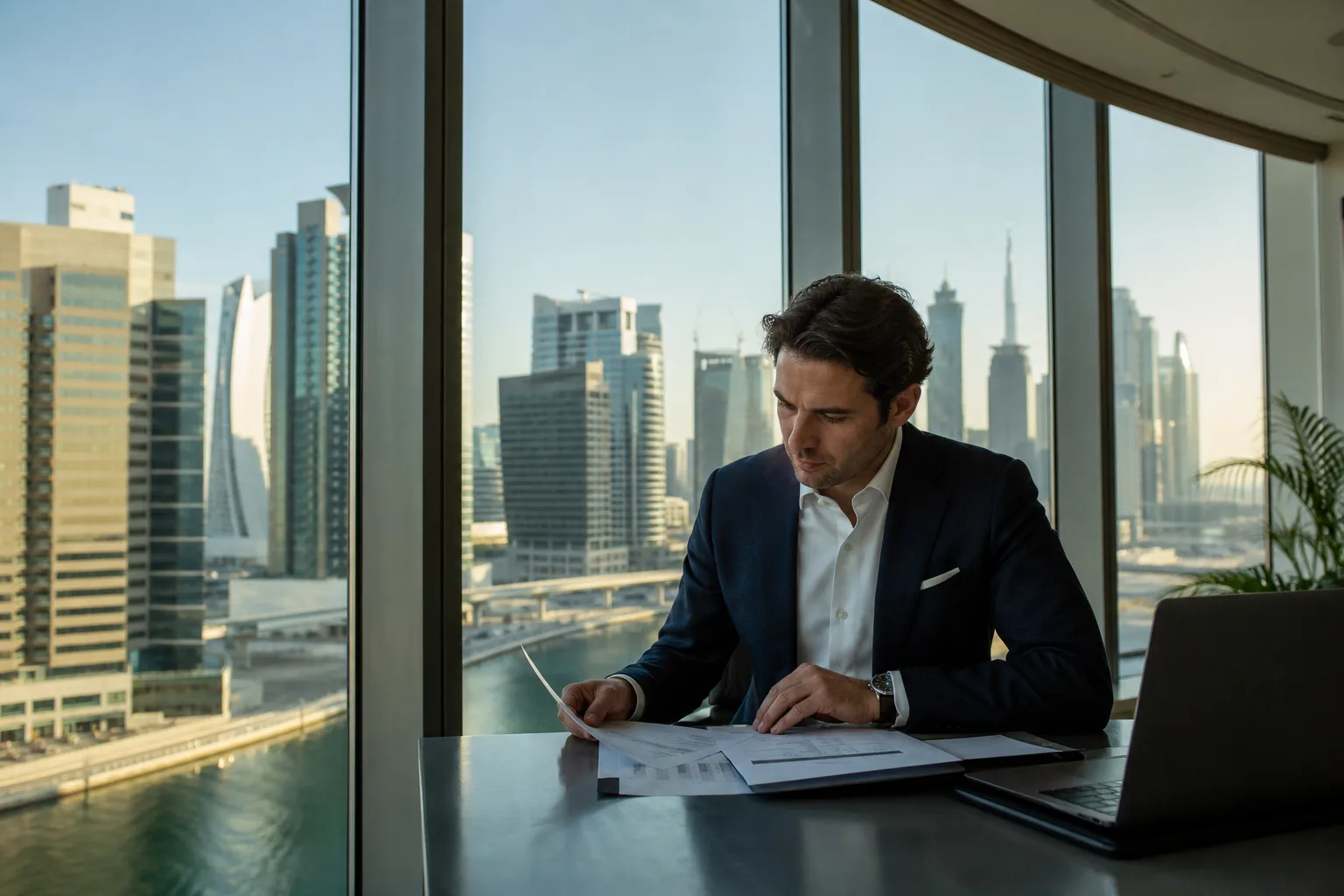 Professionnel consultant des documents financiers à un bureau avec vue panoramique sur Business Bay à Dubaï